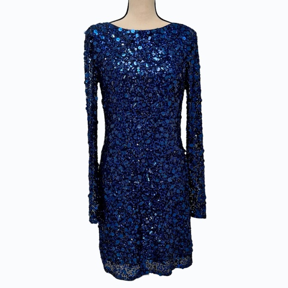 AIDAN MATTOX ROYAL BLUE BATEAU NECK LONG SLEEVE SEQUINED COCKTAIL DRESS - Picture 8 of 15